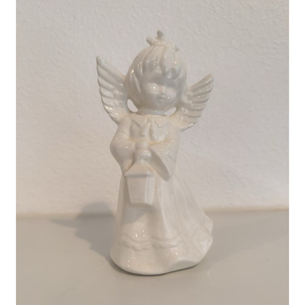 Signed Marked White Glossy Ceramic Angel Figurine Holding Lantern Decor 8” Tall